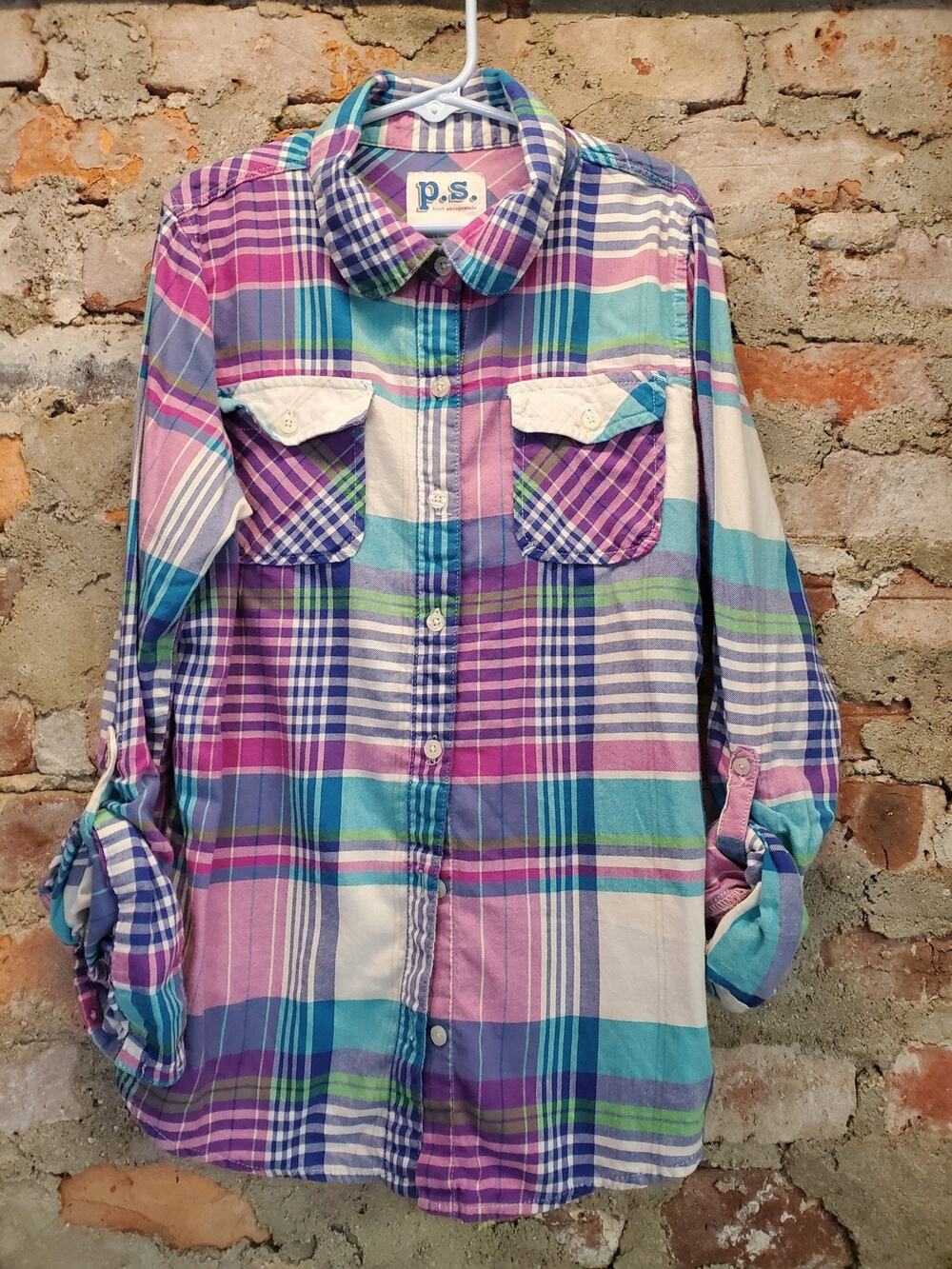 PS Aeropostale Girls Plaid Button Up Shirt 14 Multicolor Roll Tab Long Sleeve